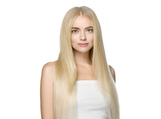 Naklejka premium Beautiful blonde woman smooth long hair portrait, female face with perfect long hairstyle.