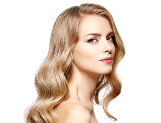 Beautiful blonde girl portrait, woman face with perfect long hairstyle.