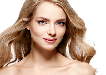 Fototapeta premium Beautiful blonde girl portrait, woman face with perfect long hairstyle.