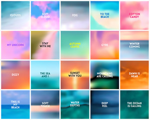BIG set of 20 square blurred nature backgrounds. With various quotes. Sunset and sunrise sea blurred background