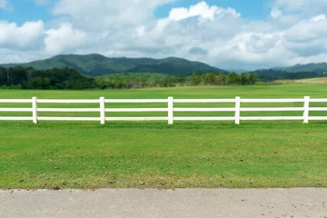 Fototapeten View of White fence on grass garden © ananaline
