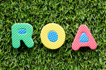 Color alphabet letter in word ROA (Abbbreviation of Return on assets) on artificial green grass background