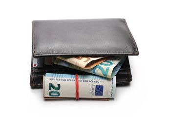 Euro banknotes, bills in leather wallet isolated on white background