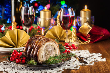 Traditional italian porchetta on festive table