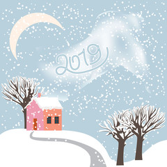 Vector cartoon drawing of a winter snowy landscape with a small house and snow covered trees, xmas background in flat style