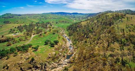Adelong creek and scenic hills - aerial panoramic landscape of NSW, Australia
