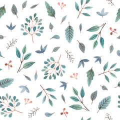 watercolor herbs and twigs. seamless pattern with white background