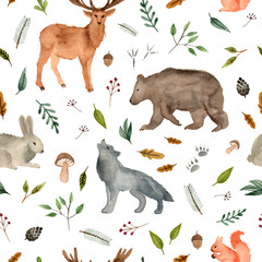 watercolor hand painted animals. forest team seamless pattern