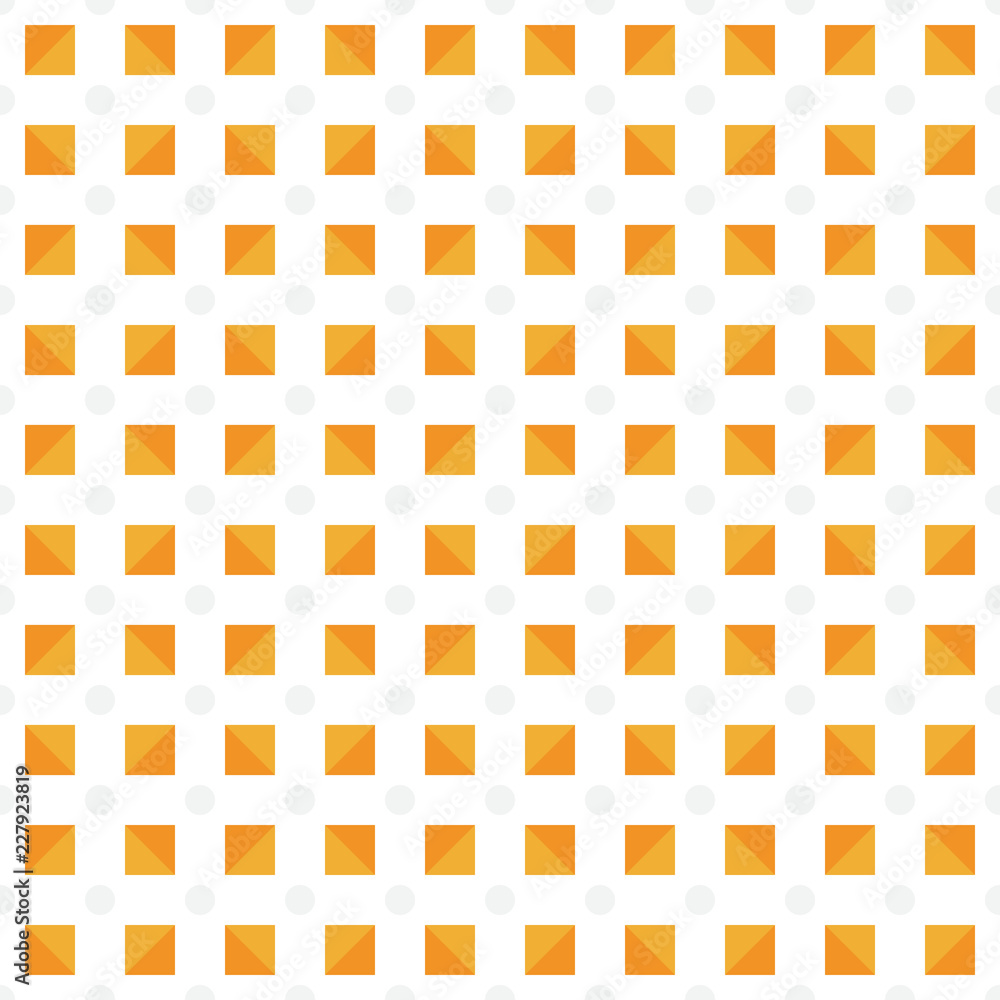 Poster seamless pattern made or light tan polka dots and orange (dark and light) triangles in square shape 