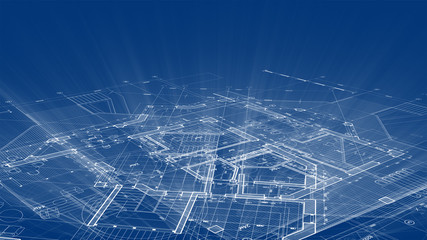 Architecture design: blueprint plan - illustration of a plan modern residential building / technology, industry, business concept illustration: real estate, building, construction, architecture