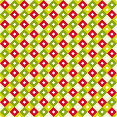 Seamless swatch pattern - square or rhombus ornaments in diagonal way and vivid christmas colors - shades of green, red and tan with white squares in center of each one, X-mas background