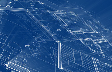 Architecture design: blueprint plan - illustration of a plan modern residential building / technology, industry, business concept illustration: real estate, building, construction, architecture