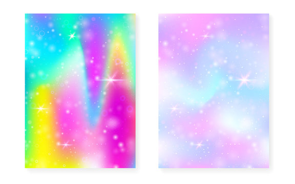 Princess Background With Kawaii Rainbow Gradient Magic Unicorn Hologram Holographic Fairy Set Bright Fantasy Cover Princess Background With Sparkles And Stars For Cute Girl Party Invitation Stock Vector Adobe Stock