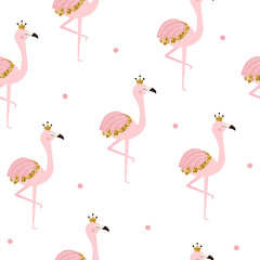 Pink flamingo princess seamless pattern. Childish cute print. Vector hand drawn illustration.