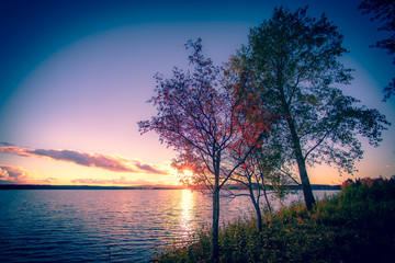 Fototapeta na wymiar Autumn lake view from Sotkamo, Finland.