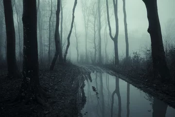 Fototapeten geheimnisvolle Waldlandschaft mit Bäumen, die sich im Wasser spiegeln © andreiuc88