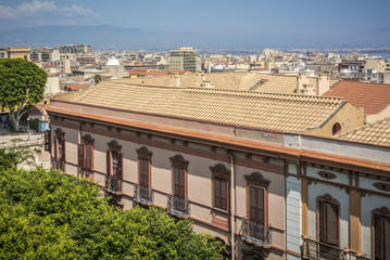 historical Valdes palace seen from above and in the background the city of Cagliari. Palazzo...