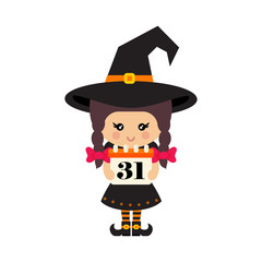cartoon cute witch vector with braids in hat and calendar