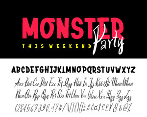 It's a party monster banner. Hand drawn typeface set isolated on white. Vector logo font. Typography alphabet for your designs: logo, typeface, card, wedding invitation.