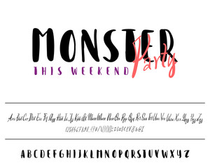 It's a party monster banner. Hand drawn typeface set isolated on white. Vector logo font. Typography alphabet for your designs: logo, typeface, card, wedding invitation.
