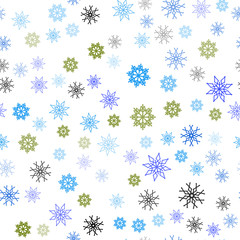 Light Blue, Green vector seamless layout with bright snowflakes.