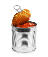 Open metal cans with beans in tomato sauce on white background