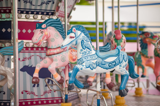 carousel horse Pastel color for kids During the weekend of family fun In the amusement park.