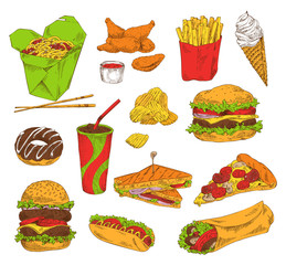Fast Food and Snack Set Color Vector Illustration