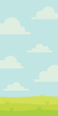 Bright nature landscape with sky, hills and grass. Rural scenery. Field and meadow. Vector illustration in simple minimalistic flat style. Scene for your artwork and design. Vertical composition.