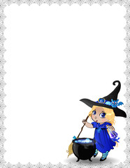 Halloween spider coweb template of cute baby witch girll in blue costume and cauldron