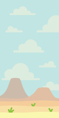 Soft nature landscape with blue sky, desert, volcanoes or mountains, some grass. Empty space. Nobody. Vector illustration in simple minimalistic flat style. Scene for artwork, design. Vertical.