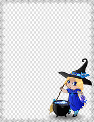 Halloween spiderweb border of cute baby witch girll in blue costume and cauldron