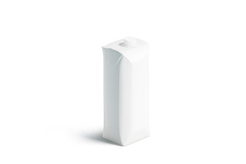 Blank white prisma juice pack with lid mockup,  stand isolated,  3d rendering. Empty carton packet for drink mock up. Clear package box with cap for milk. Beverage container template. © Alexandr Bognat