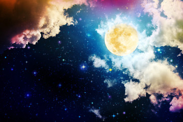 Fototapety  Księżyc w pełni z gwiazdami na ciemnym nocnym niebie.