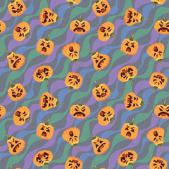 Pumpkin Halloween pattern. Vector illustration of pumpkin heads in different form with various emotions on wavy festive background. All Hallows Evening. Holiday pattern vector. Element for design.