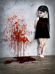 3D rendering of a blood covered small girl with blood stained wall.