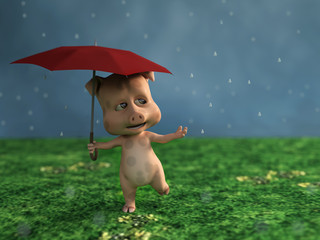 3D rendering of a cartoon pig in the rain.