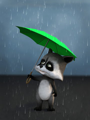 3D rendering of a cartoon raccoon in the rain.