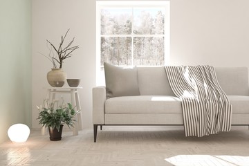 White room with sofa and winter landscape in window. Scandinavian interior design. 3D illustration