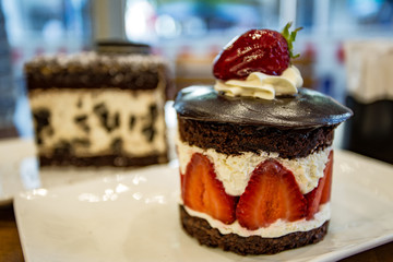 Chocolate creamy sweets in a coffee shop in the city center