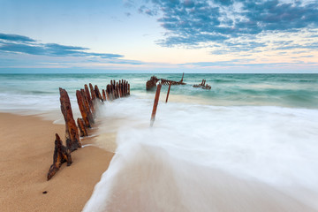 The SS Dicky shipwreck at Dicky Beach on the Sunshine Coast, Queensland, Australia.