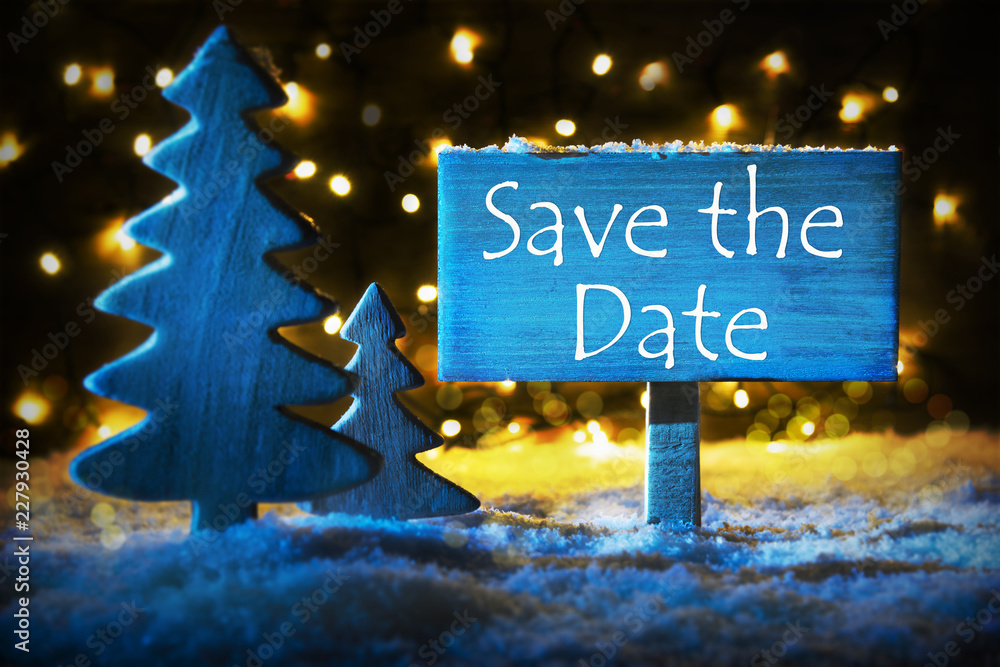 Wall mural blue christmas tree, text save the date