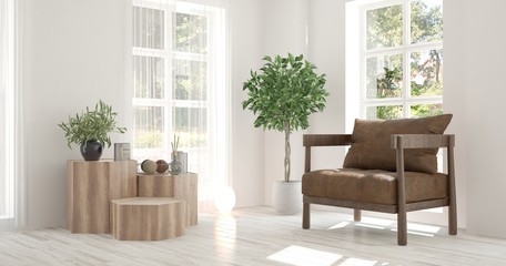 White room with armchair and green landscape in window. Scandinavian interior design. 3D illustration