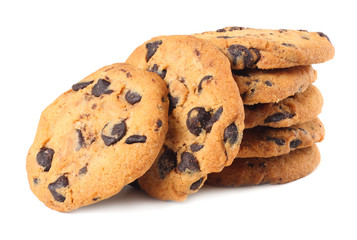 Chocolate chip cookies isolated on white background. Sweet biscuits. Homemade pastry.