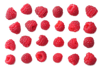 ripe raspberries isolated on white background. top view