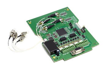 Electronic printed circuit board with microchip, many electrical components and optical connectors