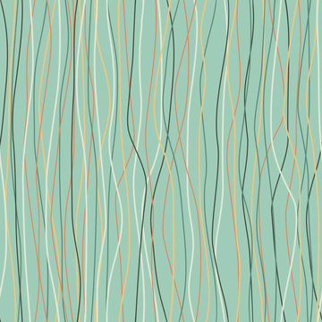 Seamless multicolored wavy vertical lines pattern on a mint green background