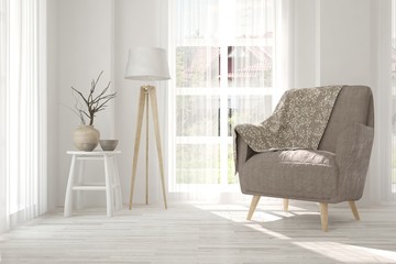White modern room with armchair. Scandinavian interior design. 3D illustration