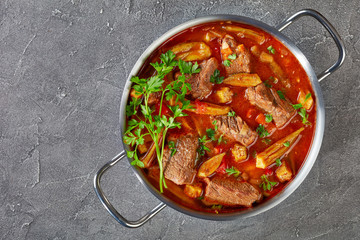 Beef and Okra soup, flat lay