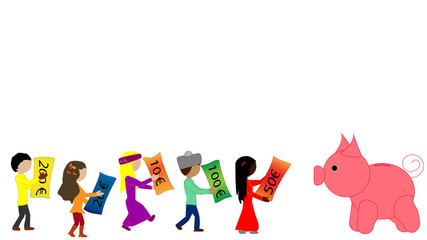 Kinder tragen Geldscheine zu großem Sparschwein